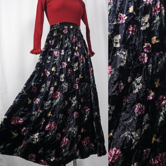 Vintage Dresses & Skirts - Vintage 90s witchy floral black velvet broomstick tiered maxi skirt